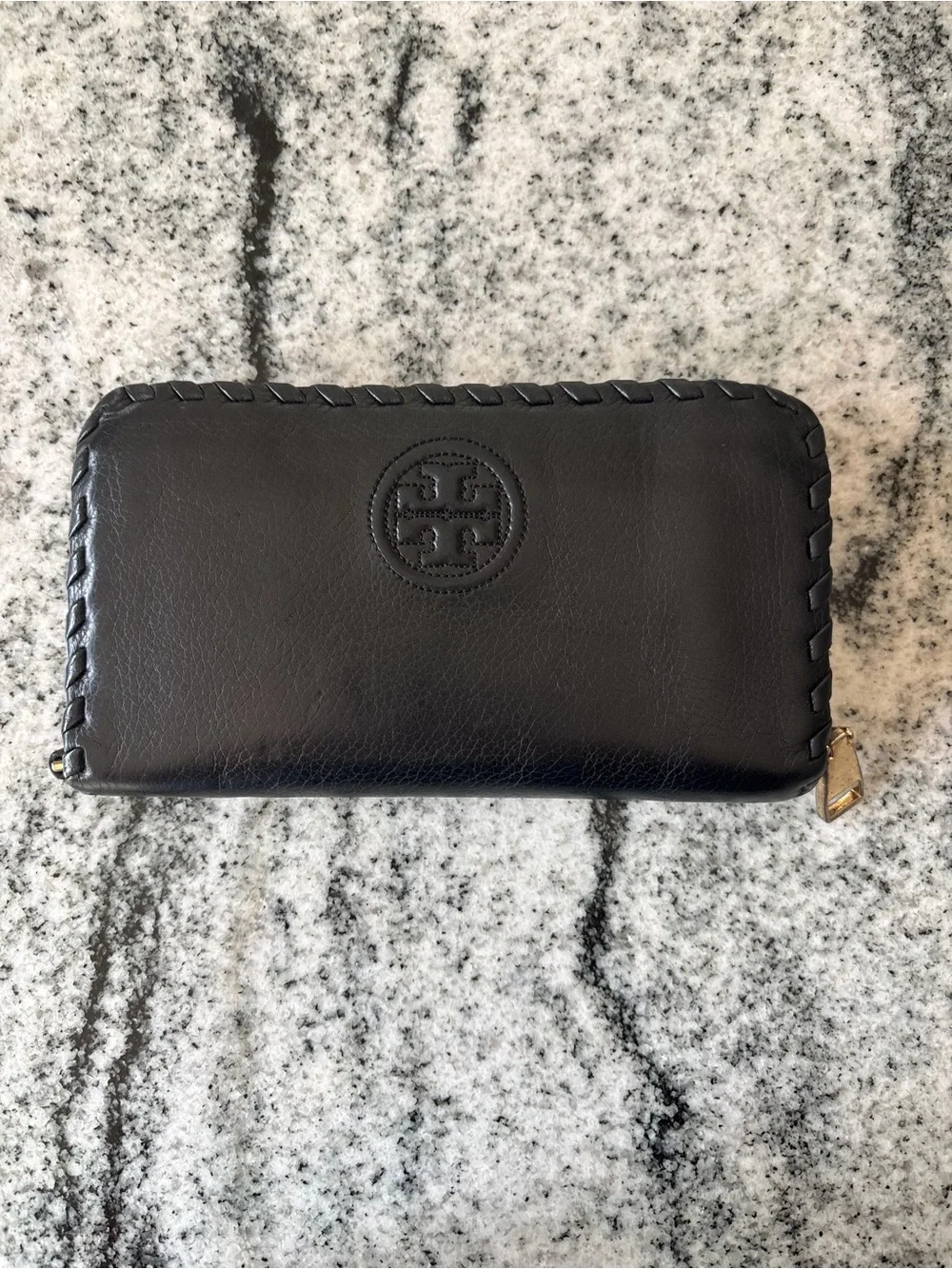 Tory Burch Black Whipstitch Logo Zip Continental Leather Wallet